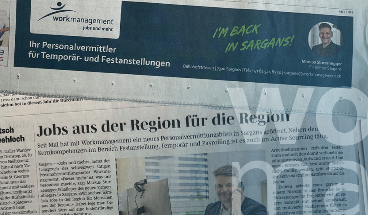 Die Workmanagement AG eröffnet eine neue Filiale in Sargans